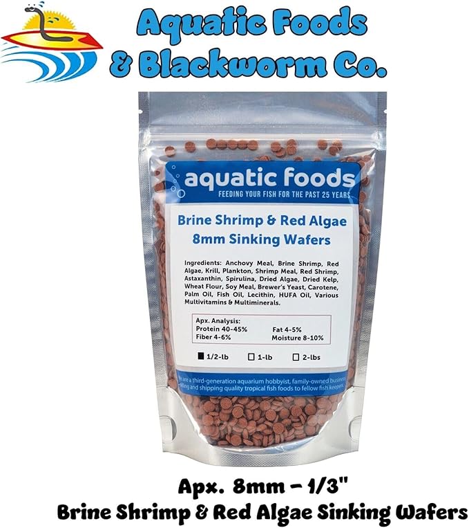 Aquatic Foods Inc. 8mm - 1/3" Brine Shrimp & Red Algae Color Enhancing Sinking Wafers for Shrimp, Snails, Crabs, Plecos, Catfish. Bottom and All Tropical Fish...WL…1/2-lb Foil Pouch Bag