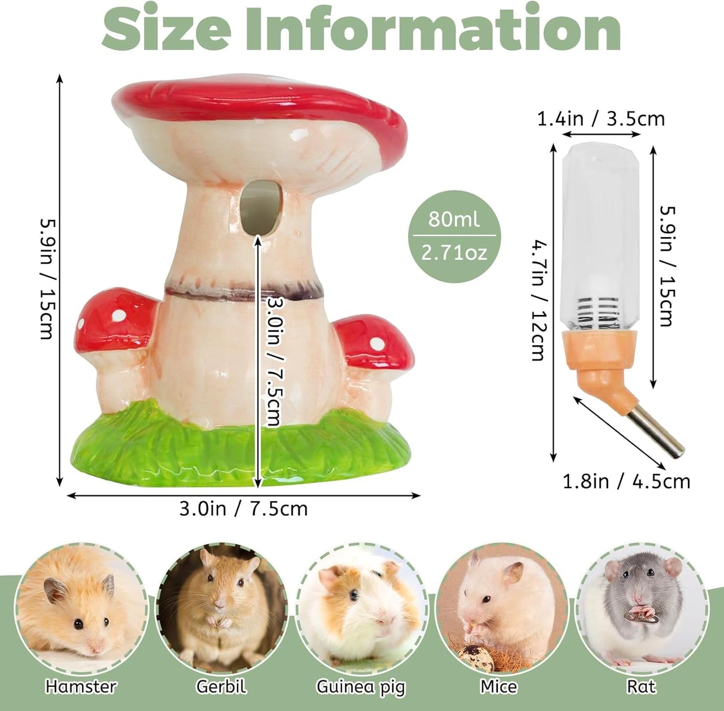 PINVNBY Mushroom Ceramic Hamster Water Bottle 80ML Automatic Gerbil Water Bottle Non Drip with Stand Vertical Hamster Water Dispenser for Guinea Pigs Gerbils Rats Rabbits and Mice (Red)