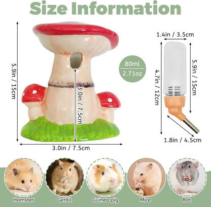PINVNBY Mushroom Ceramic Hamster Water Bottle 80ML Automatic Gerbil Water Bottle Non Drip with Stand Vertical Hamster Water Dispenser for Guinea Pigs Gerbils Rats Rabbits and Mice (Red)