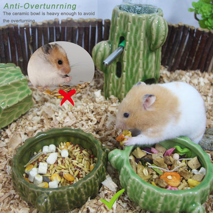 Hamster Food Bowl, 2 Packs Cactus Food & Water Bowls Ceramic Feeding Drinking Bowl Food Dish for Small Animals Gerbil Dwarf Hamster Rat Mice Guinea Pig(Green+Dark Green)