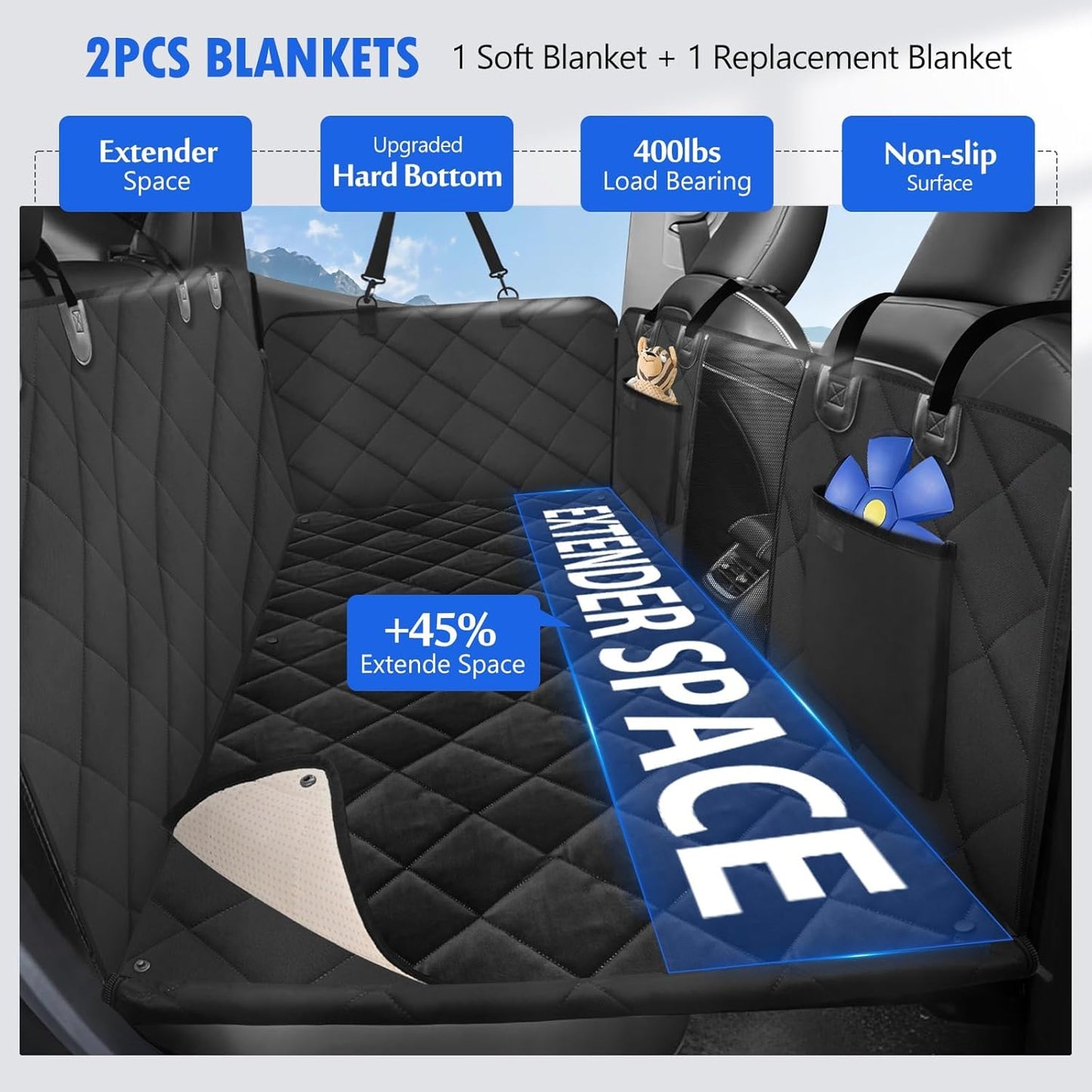 Back Seat Extender for Dogs-with Removable Soft Blankets, Hard Bottom Dog Car Seat Cover for Back Seat, Sturdy Backseat Extender for Dogs, Waterproof Dog Hammock for Car, SUV