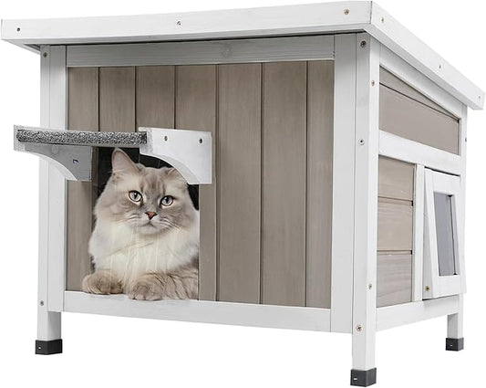 Outdoor Cat House for Feral Cats Weatherproof Cat Shelter Wooden Pet Small Houses Indoor Cat Condo with Escape Door & Openable Asphalt Roof to Enhanced Safety, Simple Assembly