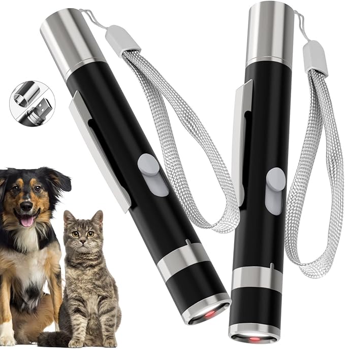 Cat Toy Pointer, 2 Pieces, USB Rechargeable with 7 Adjustable Patterns, Interactive Chase Toys for Indoor Cats & Dogs, Training & Exercise Fun (Black)