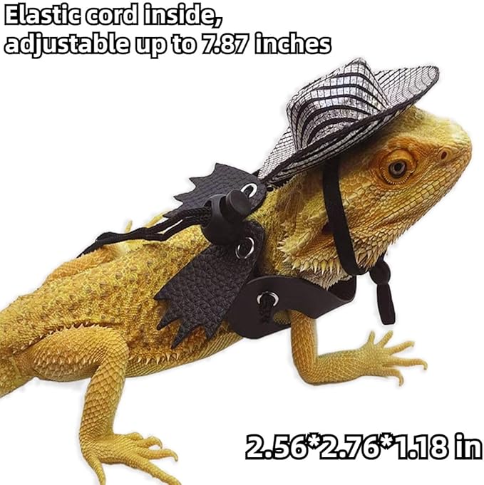 Adjustable Bearded Dragon Leash Harness with Hat Set,3 Size Pack Leather Wings Safty Walking Leash for Bearded Dragon Lizard Reptiles (Purple Hat and Black Harness Set)