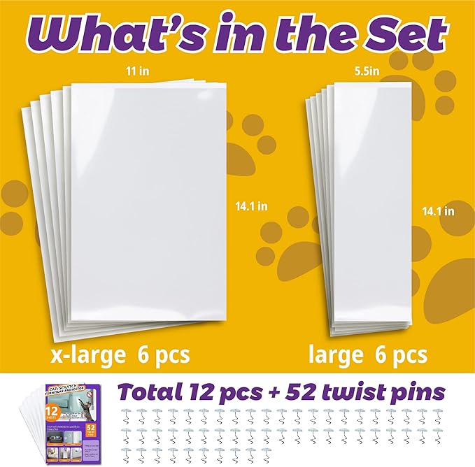 Anti-Cat Scratch Furniture Protector-12-Pack –Single-Sided, Heavy-Duty Self-Adhesive Tape, No-Residue for Couch, Doors & Walls - with 52 Twist Pins