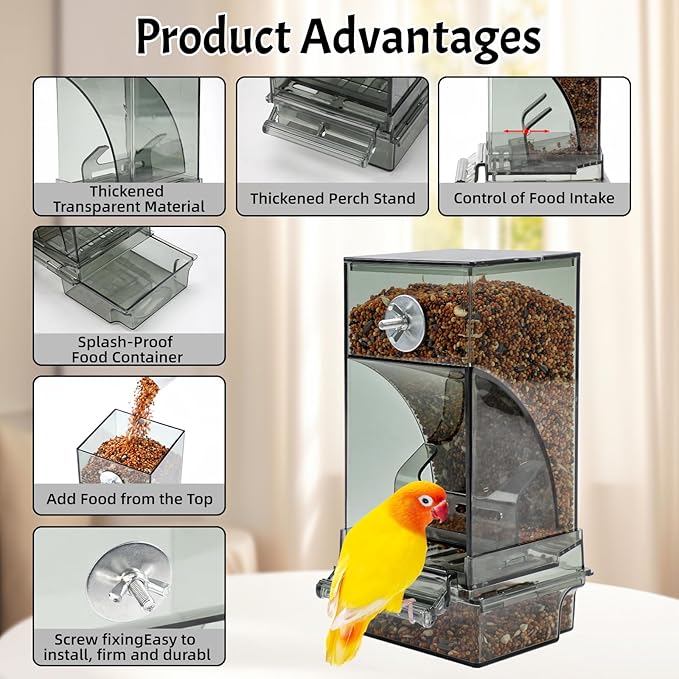 Rypet No Mess Automatic Bird Feeder for Cage,Transparent Acrylic Parrot Seed Feeders,Food Container for Cage,Parrot Feeder Cage Accessories for Small and Medium Lovebirds Parakeets Cockatiel Finch
