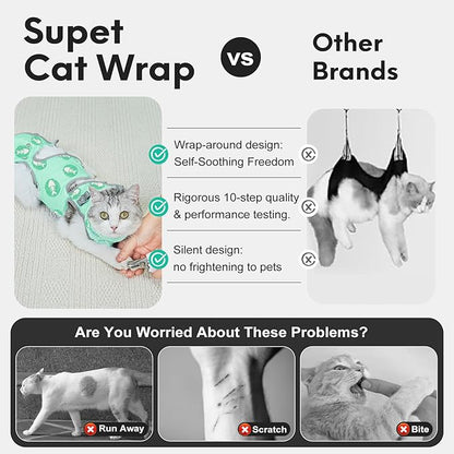 Supet Cat Grooming Hammock, Self-Adherent Cat Wrap for Cutting Nails, Anti-Escape Calming Wrap for Medicine, Nail Clipping, Teeth Brushing, Ear Cleaning