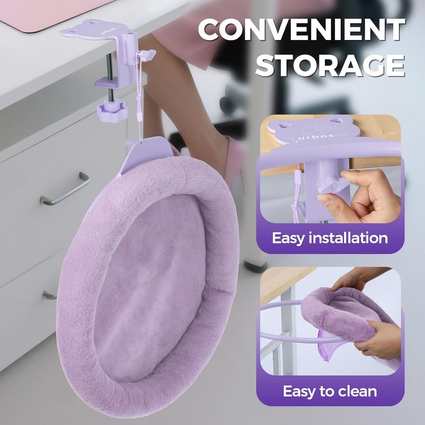 Rotating Cat Desk Bed - 40 LBS Chair-Side Cat Sleeping Basket with Bed for Desk, 360° Swivel & Removable Washable Cushion for Office Comfort(Purple