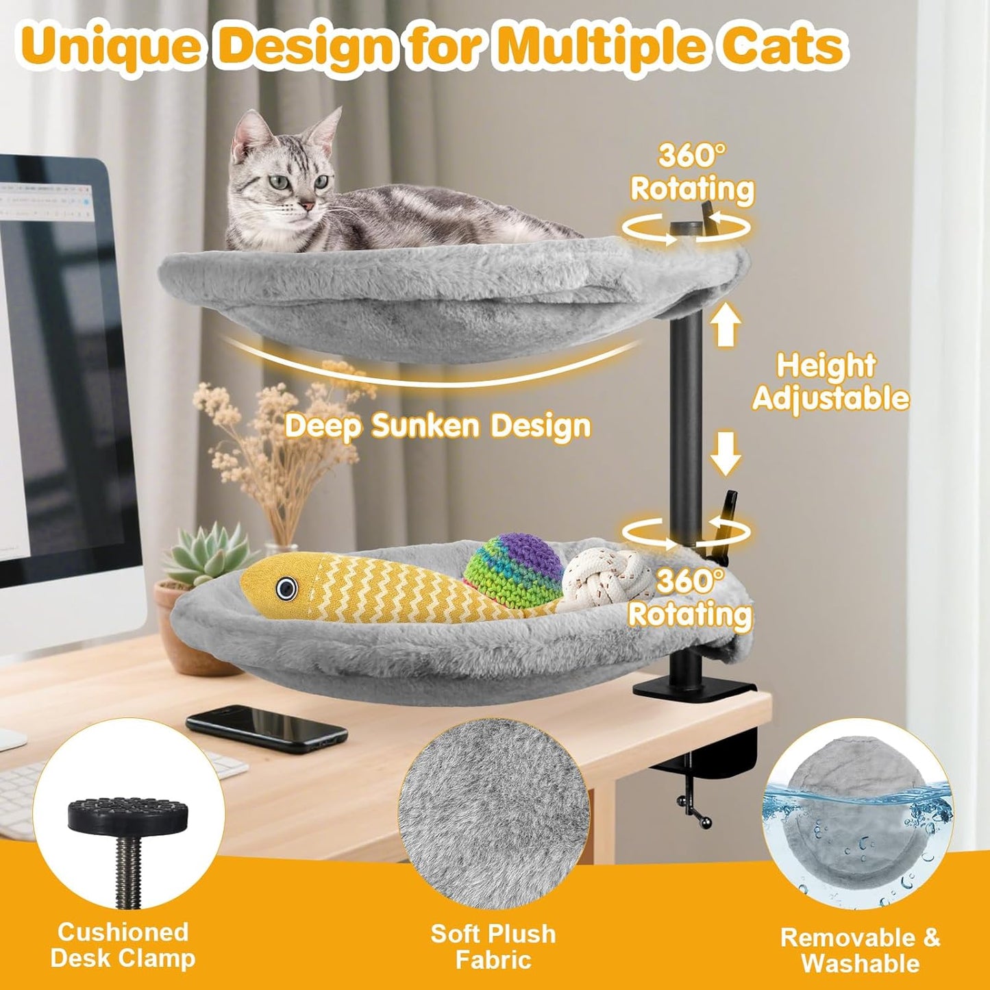 Double Cat Desk Bed - 2 Large Layers Cat beds with 360° Rotating & Adjustable Height, Kitten Nest for Desktop with 2 Washable Soft Covers, Kitten Hammock Bed Mount for Home Office Grey