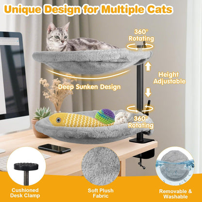 Double Cat Desk Bed - 2 Large Layers Cat beds with 360° Rotating & Adjustable Height, Kitten Nest for Desktop with 2 Washable Soft Covers, Kitten Hammock Bed Mount for Home Office Grey