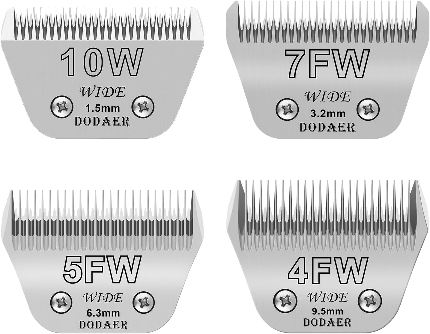 Size 10W/7FW/5FW/4FW Detachable Dog,Cat,Sheep & Horse Grooming Wide Blades Set,Compatible with Andis,Oster A5,Wahl KM10 Series Clippers,Cut Length 1/16"(1.5mm) to 3/8”(9.5mm),4 Pack
