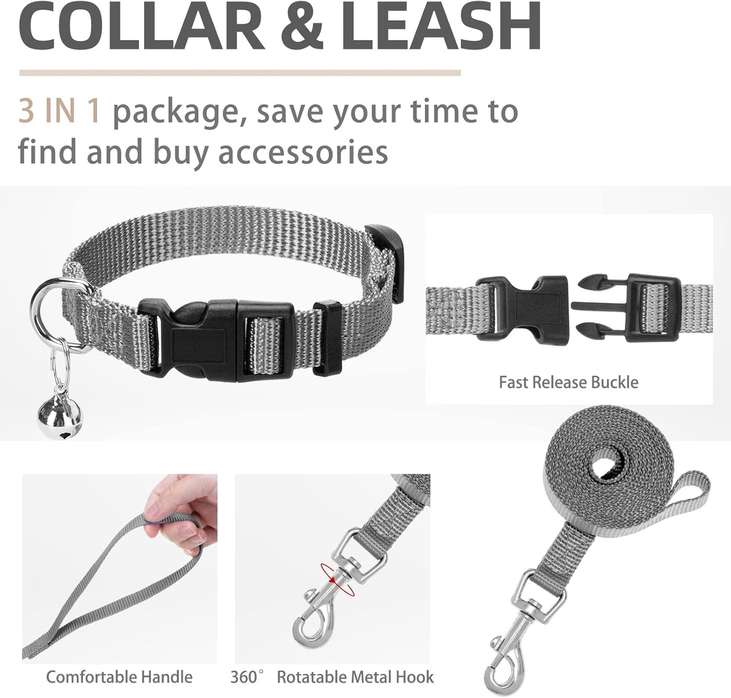 PUPTECK Adjustable Dog Harness Collar and Leash Set Step in No Pull Pet Harness for Small Medium Dogs Puppy and Cats Outdoor Walking Running, Soft Mesh Padded Reflective Vest Harnesses, Solid Grey M