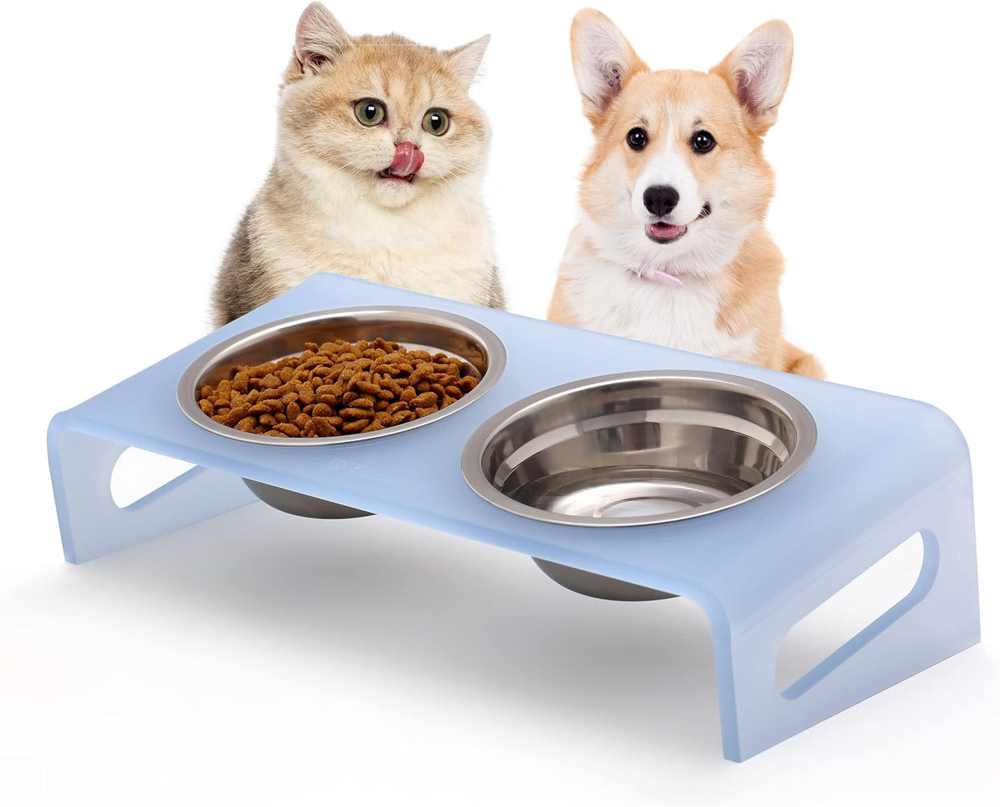 Tilted Raised Elevated Food and Water Bowls Stand for Cat or Small Dogs - Puppy's Clear Acrylic Stainless Steel Dishes Holder for Boy or Girl Pet,Modern,Durable and Easy to Clean by WBhonghui (Blue)