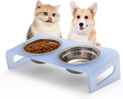Tilted Raised Elevated Food and Water Bowls Stand for Cat or Small Dogs - Puppy's Clear Acrylic Stainless Steel Dishes Holder for Boy or Girl Pet,Modern,Durable and Easy to Clean by WBhonghui (Blue)