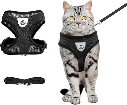 shudyear Summer cat Chest Harness and Leash, Anti-Escape Adjustable Soft mesh cat Leash and Chest Harness Set for All Types of Cats cat Vests (Size M,Black)