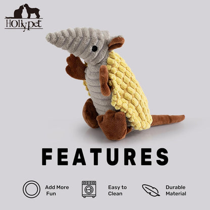 Hollypet Plush Dog Squeaky Toy Stuffed Armadillo Animal Pet Puppy Chew Toys with Clean Teeth for Small Medium Large All Breed Sizes Dogs, Yellow, 8 in