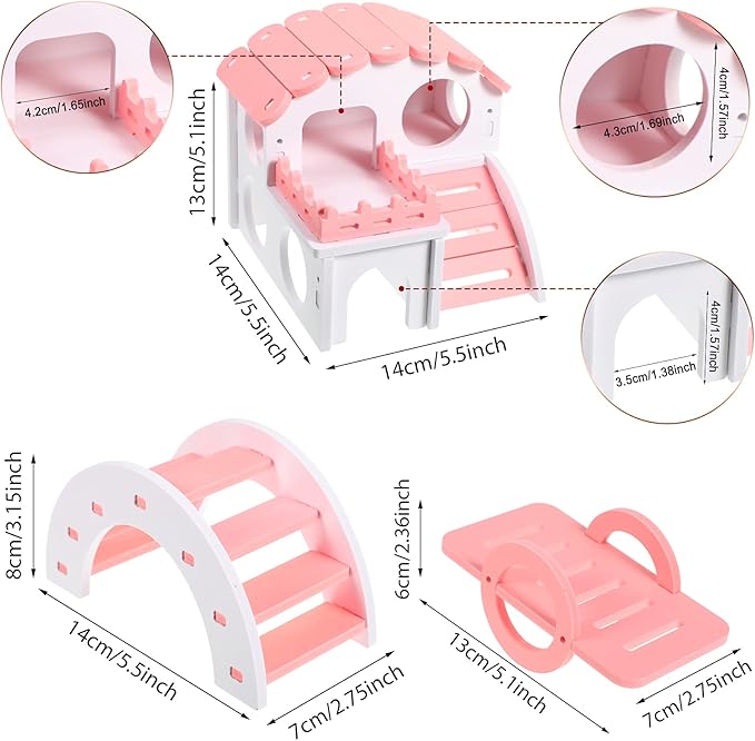 3 Pieces Fun Hamster Toys Guinea Pig Hideout Include PVC Hamster House, Rainbow Bridge, Seesaw Toy DIY Exercise Play Toys for Rats Mouse Small Animals(Small,Pink)