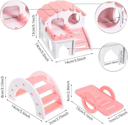 3 Pieces Fun Hamster Toys Guinea Pig Hideout Include PVC Hamster House, Rainbow Bridge, Seesaw Toy DIY Exercise Play Toys for Rats Mouse Small Animals(Small,Pink)