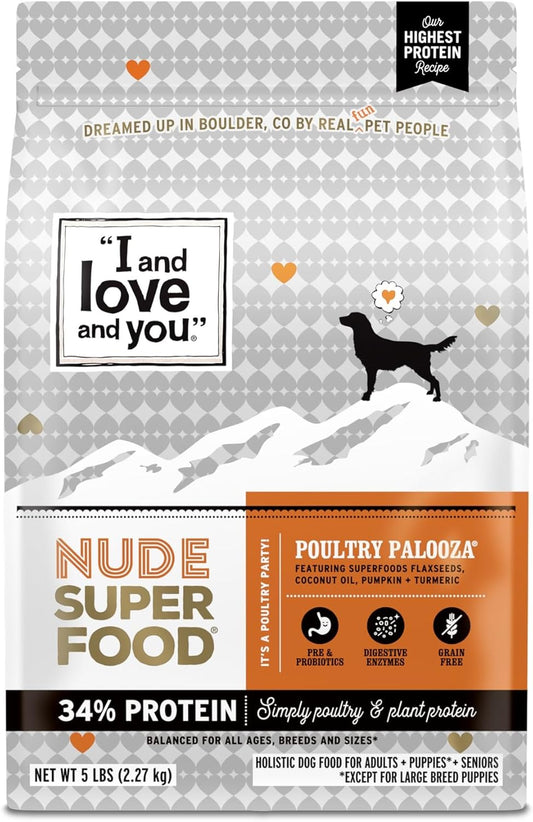 I and love and you Nude Super Food Dry Dog Food - Turkey + Chicken - Prebiotic + Probiotic, Grain Free, Real Meat, No Fillers, 5lb Bag