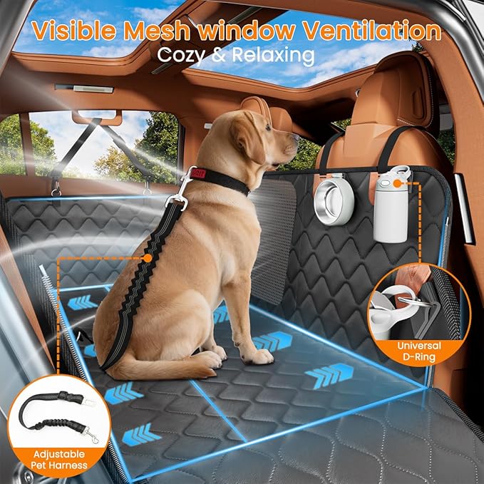 Leather Back Seat Extender for Dogs, Waterproof Dog Car Seat Covers for Back Seat with Hard Bottom, Dog Hammock for Car SUV and Truck（With Anti Scraatch Mesh Window and Retractable Belt Harness)
