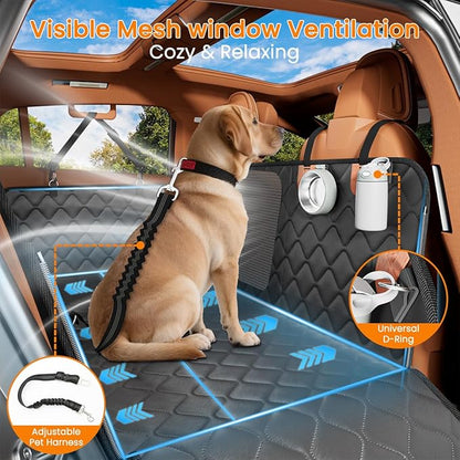 Leather Back Seat Extender for Dogs, Waterproof Dog Car Seat Covers for Back Seat with Hard Bottom, Dog Hammock for Car SUV and Truck（With Anti Scraatch Mesh Window and Retractable Belt Harness)
