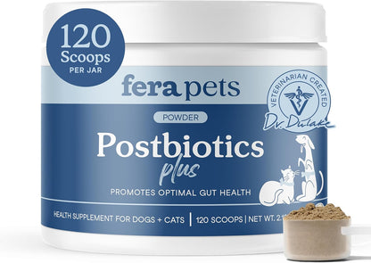 Fera Pets Postbiotics Plus Prebiotics for Dogs & Cats - with Slippery Elm - Promotes Optimal Digestive Health & Inflammatory Response - Enhances Immunity - 120 Scoops