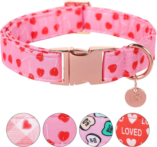 Valentine's Dog Collar, Pink Heart Pattern, Cotton, Adjustable Size, Metal Buckle, Medium, Pink, For Small, Medium, Large Dogs or Cats