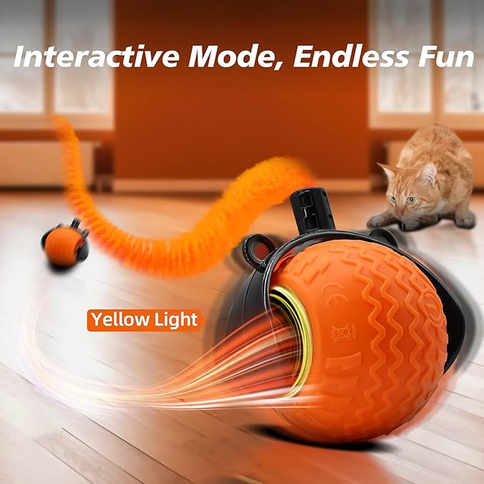 Interactive Cat Toy for Indoor Cats, Speedy Ball with Tail, Automatic Moving Cat Balls for Bored Indoor Adult Cats, 360°Automatic Rolling Ball Toy, Two Speed Adjustment（Orange）