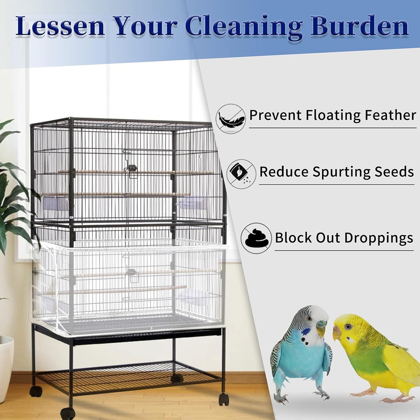 Daoeny Large Bird Cage Cover, Bird Cage Seed Catcher, Adjustable Soft Airy Nylon Mesh Net, Birdcage Cover Skirt Seed Guard for Parrot Parakeet Macaw African Round Square Cages (White)