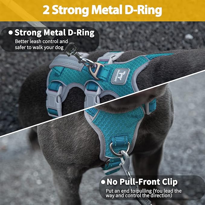 Huntboo Escape Proof Dog Harness, No Pull Reflective Harness with Lift Handle, Adjustable Pet Vest with Front and Back Leash Clips for Small Medium Large Dogs Walking Hiking Training (Teal,L)