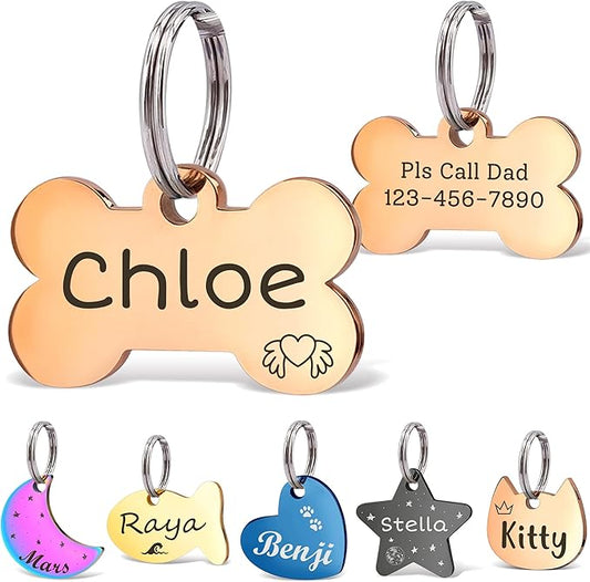 Anavia Small Size Dog Cat ID Tags, Small/XS Personalized Color Plated Stainless Steel Puppy Kitten Name Tags, Customized Engraved Nameplate Pet Collar Tag (Rose Gold, Bone)