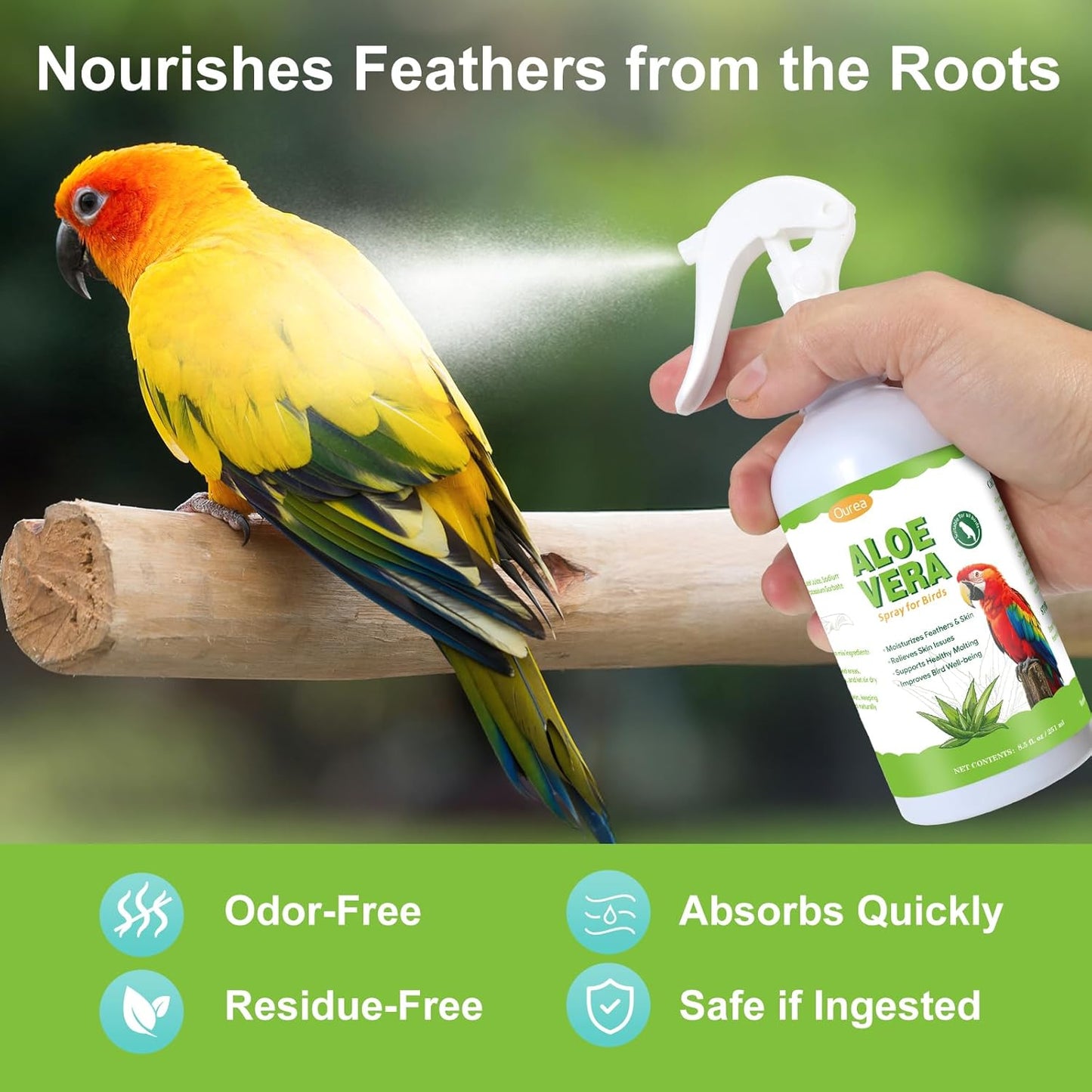 Aloe Vera Bird Spray, Moisturizes Feathers Soothes Dry Itchy Skin, Supports Molting Healthy Plumage, Prevent Feather Plucking Gentle Care, Safe Effective for Parrots Finches All Birds, Odor-Free