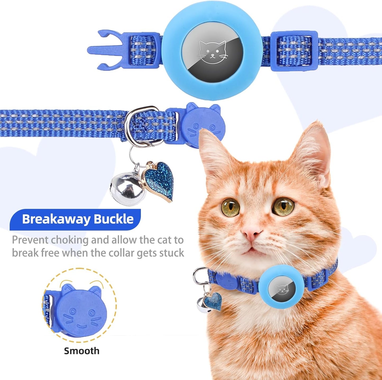 PUPTECK Airtag Cat Collar Breakaway 2 Pack with Bells, Reflective Kitten Collar with Air Tag Holder for Boy Girl Kitty and Puppies, Soft, Navy Blue & Light Blue