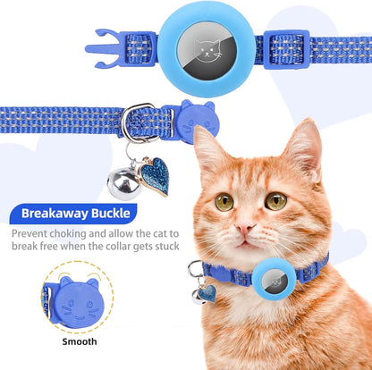 PUPTECK Airtag Cat Collar Breakaway 2 Pack with Bells, Reflective Kitten Collar with Air Tag Holder for Boy Girl Kitty and Puppies, Soft, Navy Blue & Light Blue