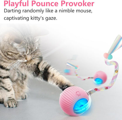 Interactive Cat Toys for Indoor Cats, Interactive Cat Ball Toy with Elastic Mesh Tail, Automatic Cat/Kitten Toys with Chirping & Motion Activate, Cat Toys for Bored Indoor (Pink)