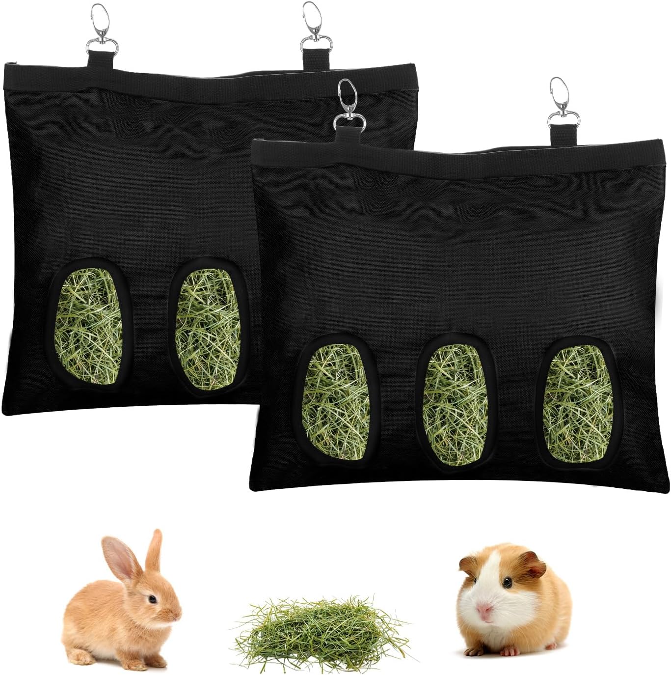 2 Pcs Rabbit Hay Feeder,Guinea Pig Hay Feeder,13×10.8 Inch Guinea Pig Bag,Small Animal Feeding Bag for Rabbits, Hamsters, Hedgehogs (3 Holes,Black)