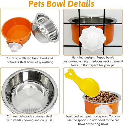 Hamiledyi Crate Dog Bowl Cat - Removable Stainless Steel Hanging No Spill Pet Bowl for Kennels Durable Detachable Design Fits Small Medium Dog Cages (2 Pcs, Orange