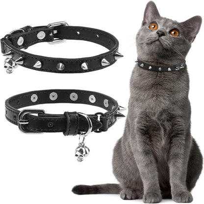 EXPAWLORER Leather Cat Collar for Girl Boy- Adjustable Pet Collar with Safety Elastic Belt,Personalized Punk Accessories Buckle Collars with Bell & Durable D-Ring,Pure Rivets(Black)