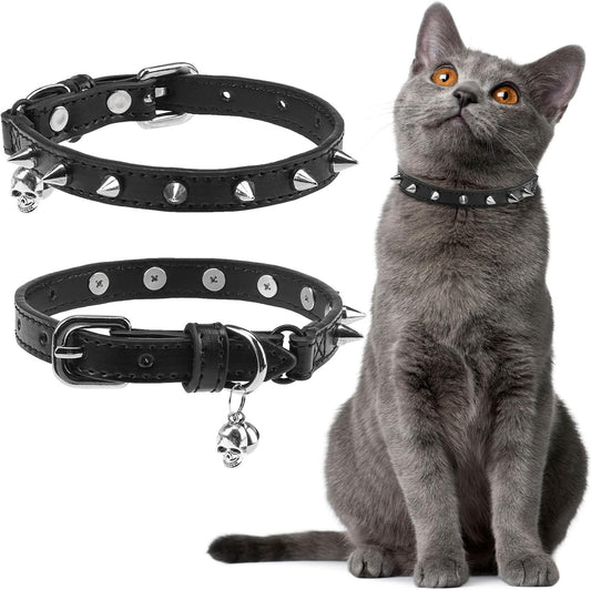 EXPAWLORER Leather Cat Collar for Girl Boy- Adjustable Pet Collar with Safety Elastic Belt,Personalized Punk Accessories Buckle Collars with Bell & Durable D-Ring,Pure Rivets(Black)