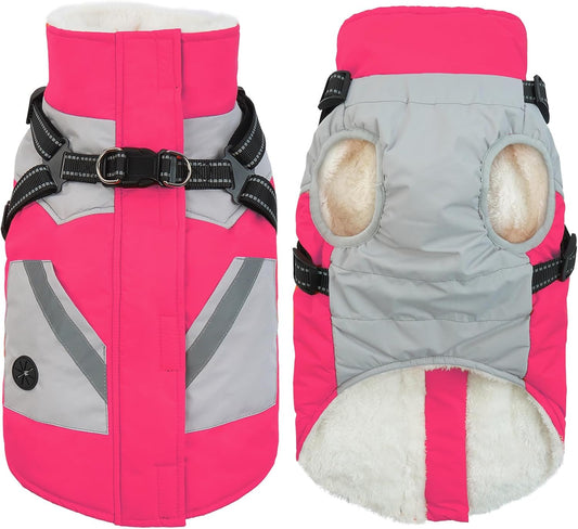 IECOii Dog Winter Jacket for Small Dogs, Waterproof Dog Coat with Harness Built in, Windproof Reflective Zip Up Fleece Jacket for Dogs, Puppy Thermal Warm Snowsuit for Cold Weather, Rosered, S