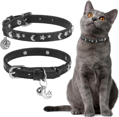 EXPAWLORER Halloween Leather Cat Collar - Adjustable Pet Collar with Rivet Spike for Girl Boy Cats, Punk Accessories with Bell & Durable D-Ring, Star & Moon