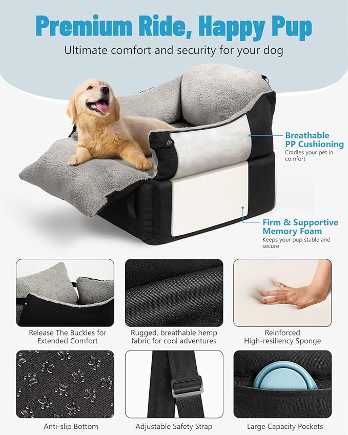 EASTBLUE Dog Car Seat for Small Medium Dogs Up to 35 lbs, 2 Memory Foam Pads Dog Booster Car Seat with Seat Belt, Washable Pet Carseat for Puppy & Cat, Dogs Travel Bed for Cars (Black/Grey)