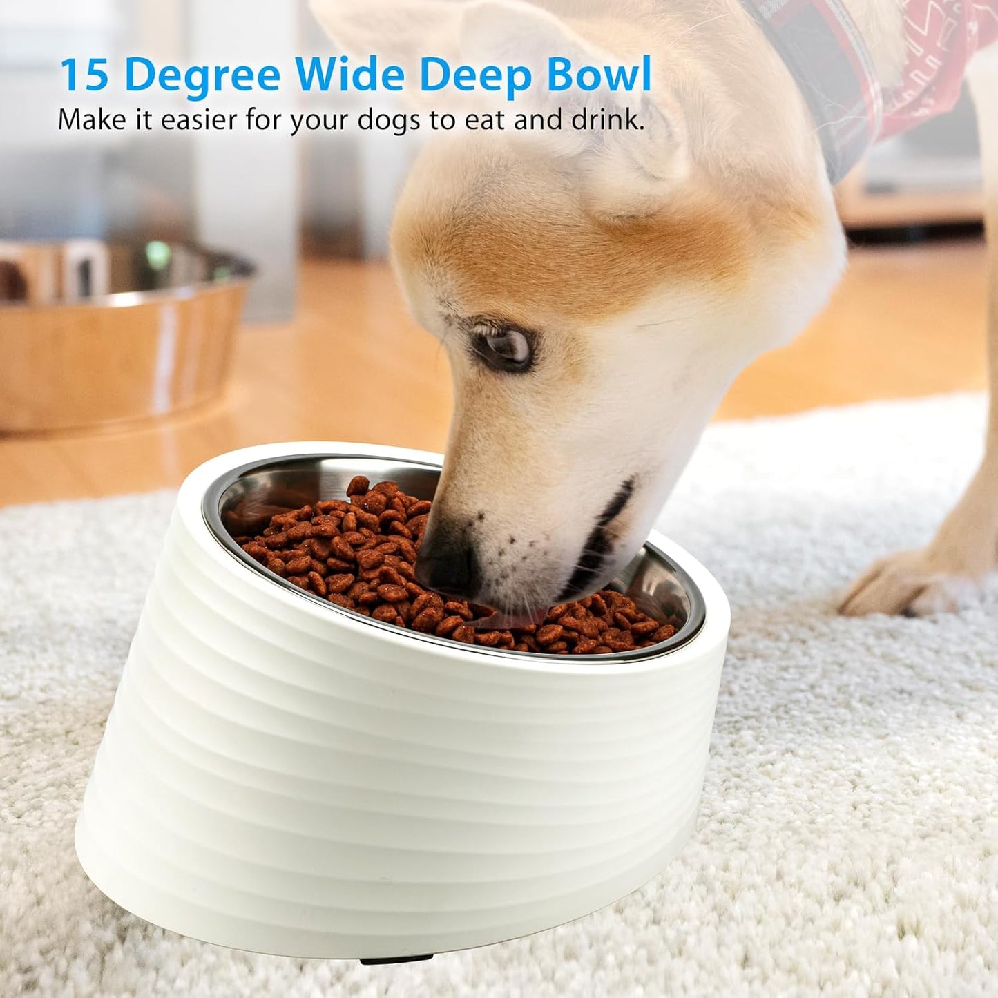 Tilted Angle Dog Bowl, 15° Slanted Stainless Steel Dog Cat Food Bowl, Non-Slip & Non-Spill Pet Feeder with Elevated Detachable Melamine Stand, Easy to Get Food Dish, Large 2 Cup White