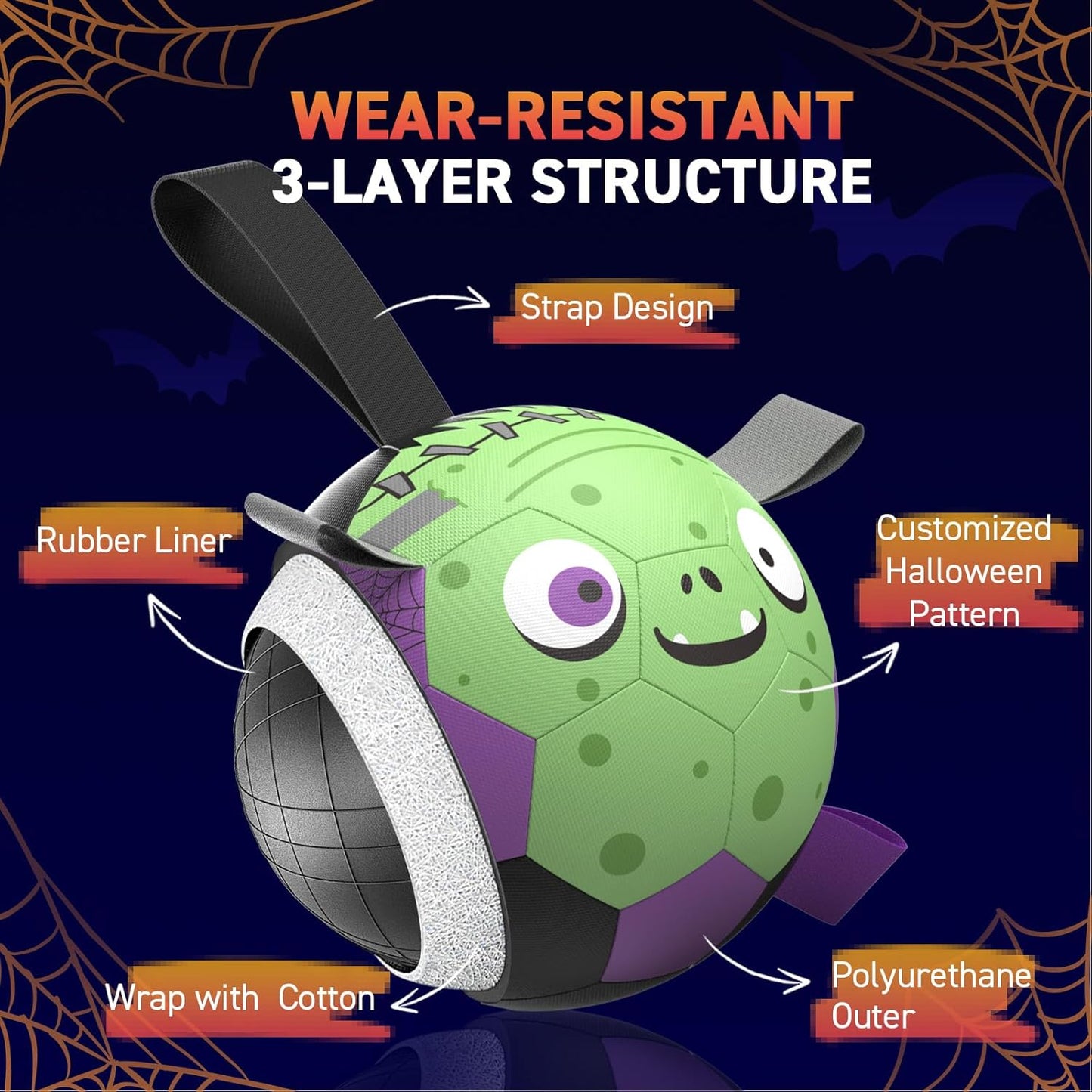 QDAN Dog Toys Ball: Dog Soccer Balls with Straps- Outdoor Herding Balls Toys for Small Medium Dogs- Halloween Puppy Pet Birthday Gifts- 6 Inch Purple Green