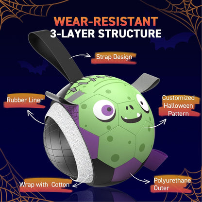 QDAN Dog Toys Ball: Dog Soccer Balls with Straps- Outdoor Herding Balls Toys for Small Medium Dogs- Halloween Puppy Pet Birthday Gifts- 6 Inch Purple Green