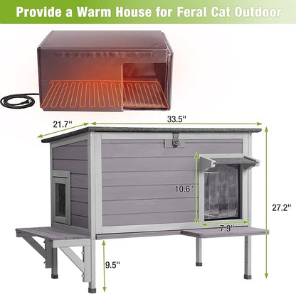 GUTINNEEN Heated Cat House with Anti-Chewing Cable Insulated Cat House Outdoor Weatherproof with Liner Feral Cat Shelter with Heater