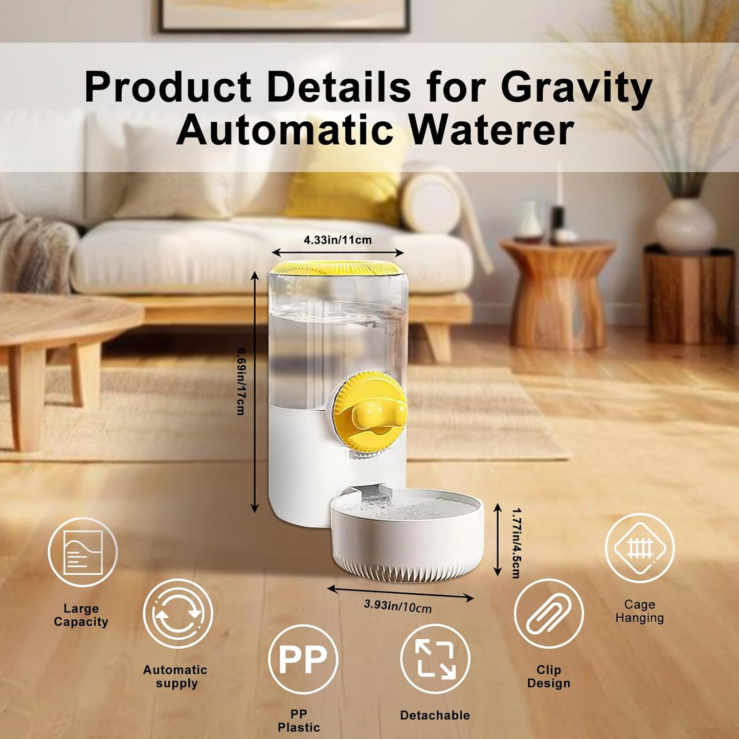 Auto Gravity Siphon Water Dispenser for Cage Hanging, 34OZ Capacity Hanging Automatic Pet Cage Waterer, Water Bowl for Cats Dogs Rabbit Ferret Chinchilla Bird Hedgehog Guinea Pig (Yellow)
