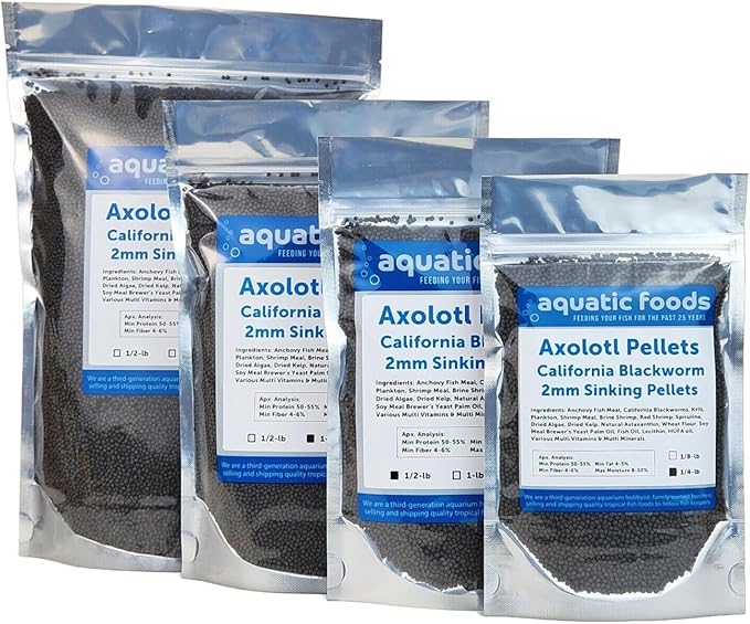 Aquatic Foods Inc. Axolotl Blackworm Pellets. 2mm-1/16 Sinking California Blackworm Small Pellets for Small Axolotl, Frogs, Shrimp, Salamanders, Newts, Snails…1/4-lb Pouch Bag
