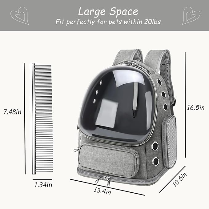 Cat Carrier with Groomer, Breathable Cat Bubble Carrier for Cats or Small Dogs up to 20 lbs, Collapsible Airline Approved, Clear Cat Travel Backpack (Grey)