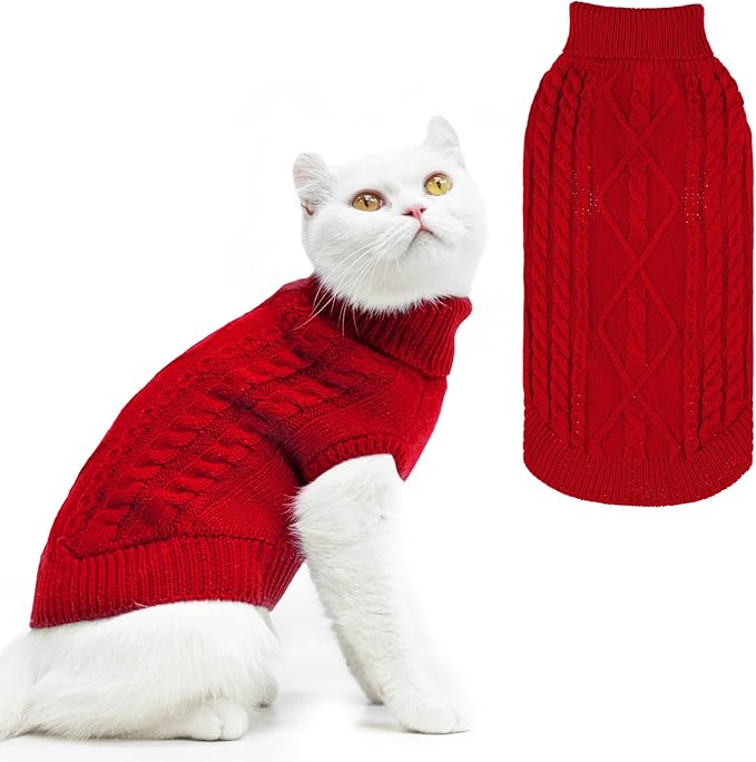 PUPTECK Winter Cat Sweater Coat - Soft Warm Cold Weather Clothes Knitwear for Kittens & Small Dogs Indoor Outdoor Wearing, Knitted Classic for Doggies Kitties, Red, M
